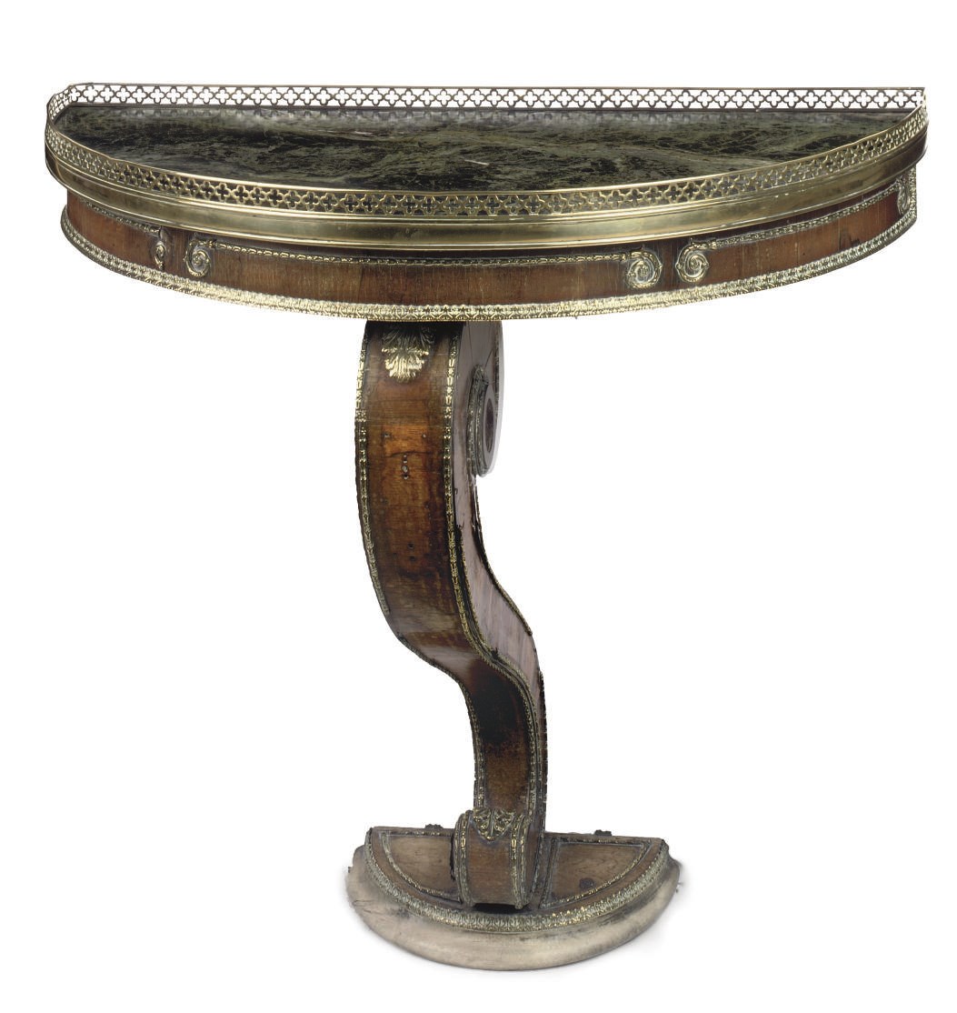 A WILLIAM IV BRASS-MOUNTED ROSEWOOD DEMI-LUNE CONSOLE TABLE
