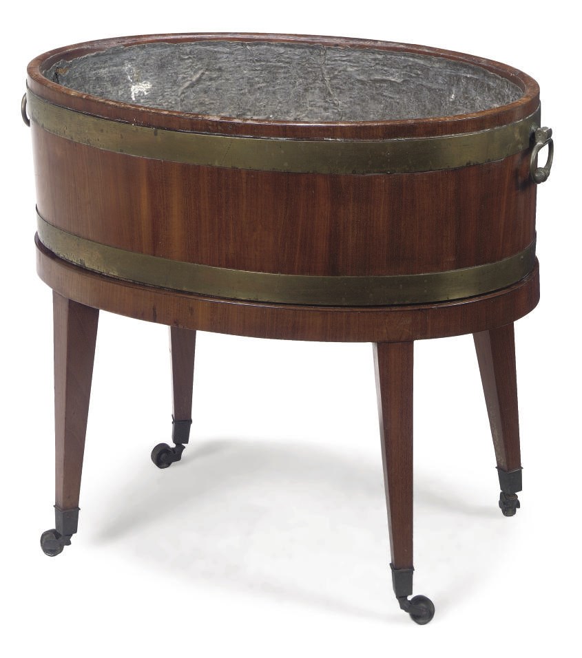 A GEORGE III BRASS-BOUND MAHOGANY WINE-COOLER ON STAND