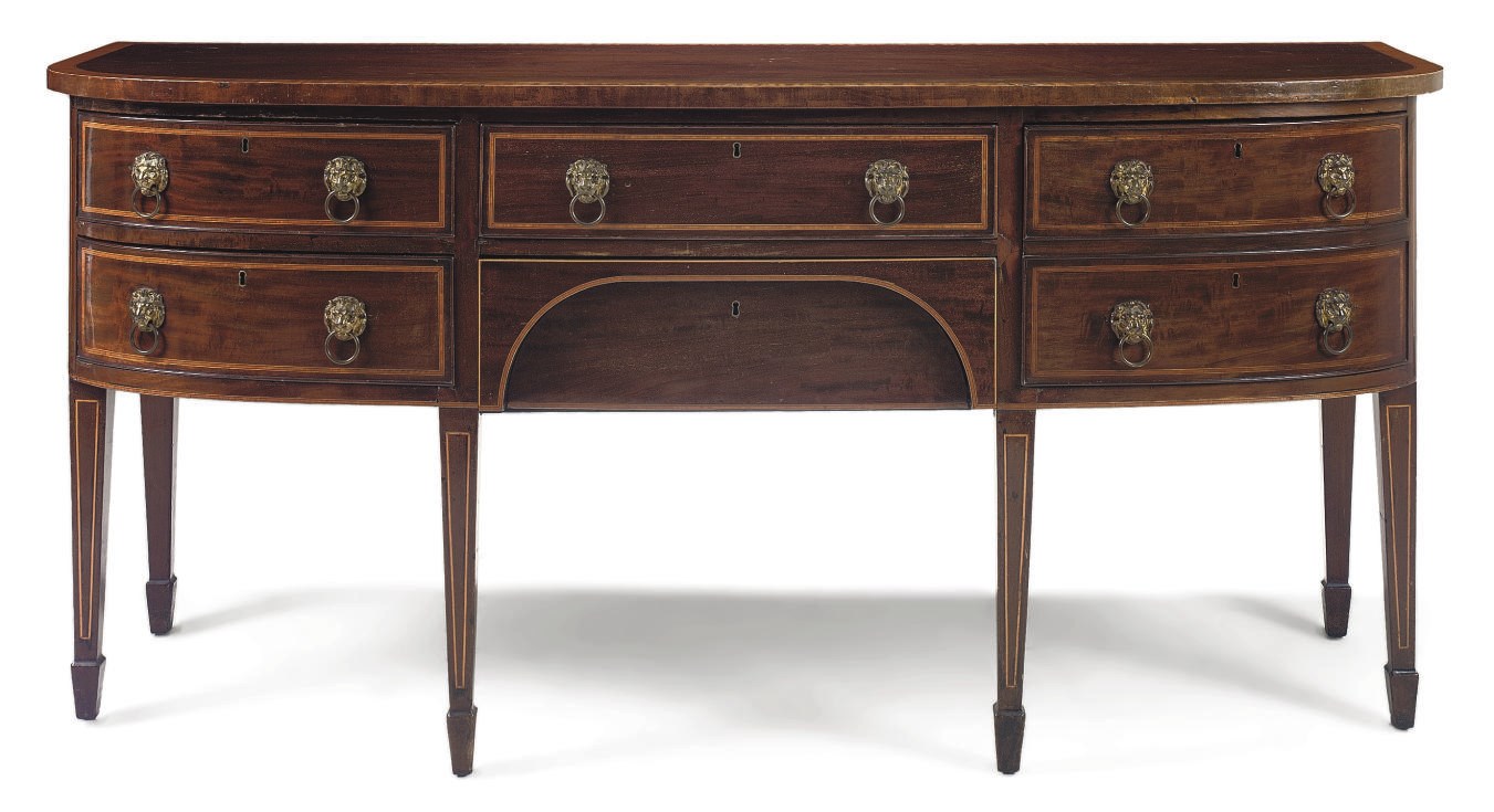 A GEORGE III MAHOGANY AND SATINWOOD CROSSBANDED BOW FRONT SIDEBOARD