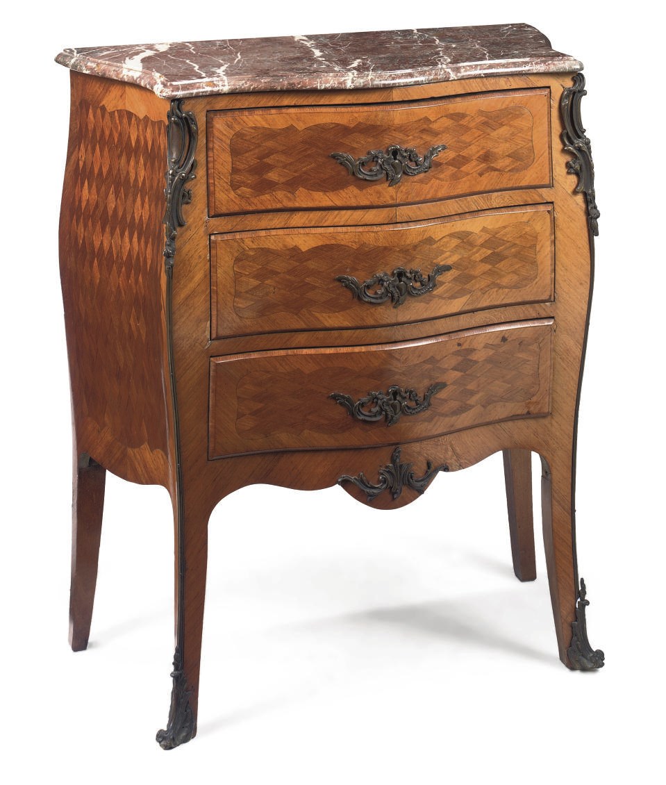 A FRENCH GILT-METAL MOUNTED KINGWOOD AND PARQUETRY BOMBE COMMODE