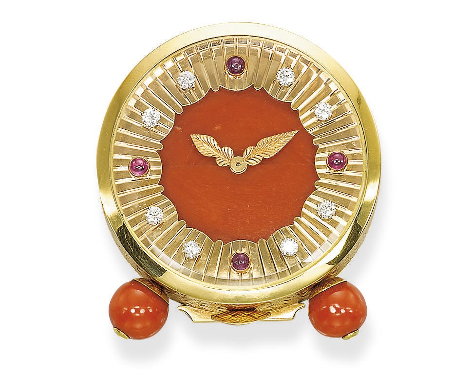 **A CORAL, GOLD AND DIAMOND TABLE CLOCK, BY ALBUQUERQUE