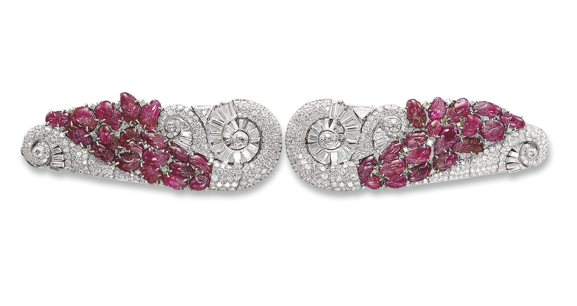AN UNUSUAL ART DECO RUBY AND DIAMOND BRACELET  PAIR OF DOUBLE-CLIPS