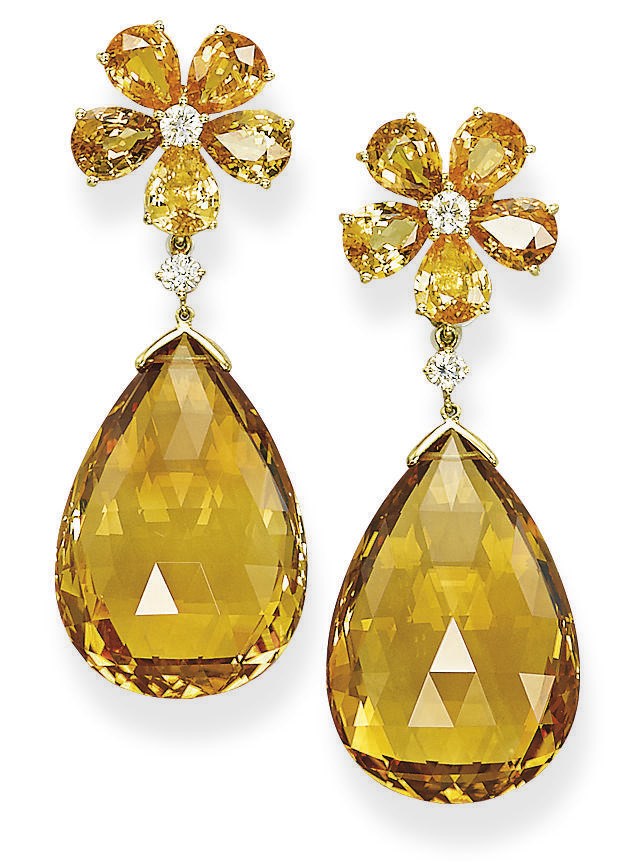 A PAIR OF YELLOW SAPPHIRE, CITRINE AND DIAMOND EAR PENDANTS