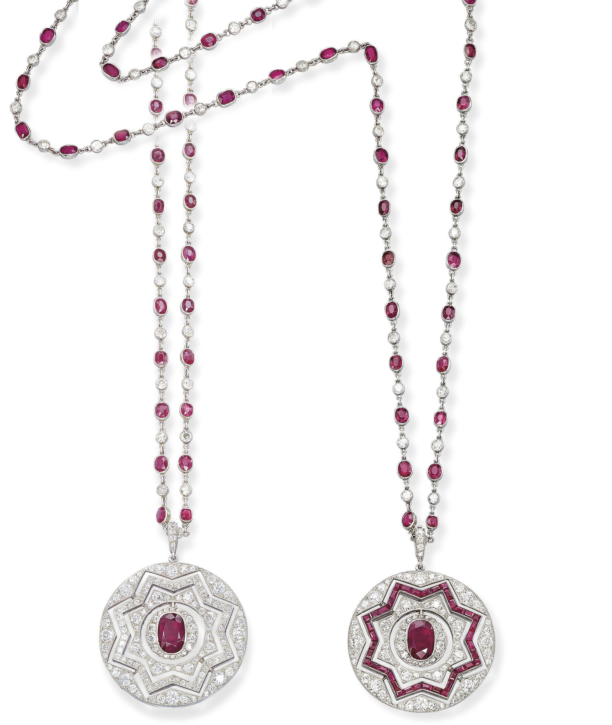 A VERSATILE ART DECO RUBY AND DIAMOND PENDENT SAUTOIR