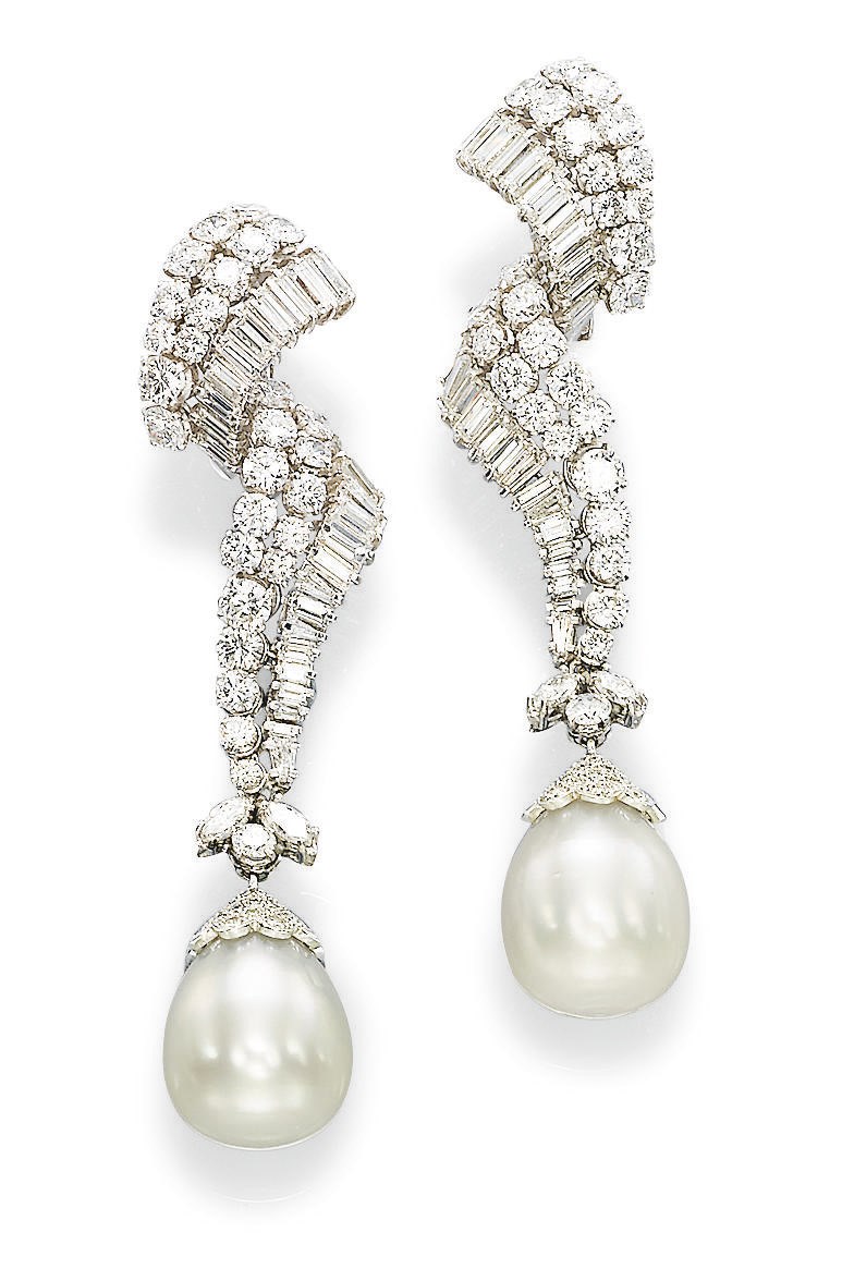 A PAIR OF CULTURED PEARL AND DIAMOND EAR PENDANTS