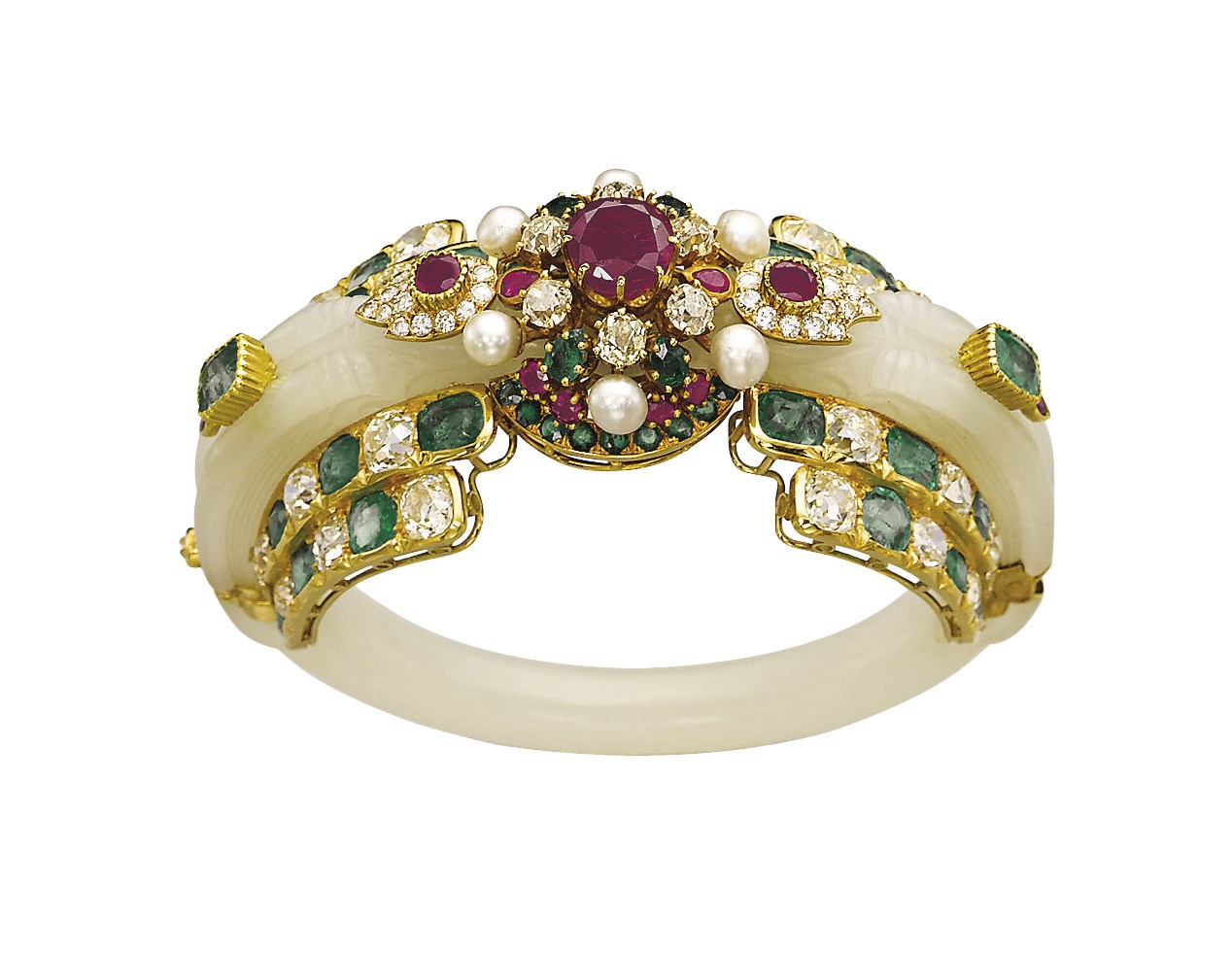 A JADEITE, MULTI-GEM AND DIAMOND BRACELET, BY CARTIER & BY LOMBARD