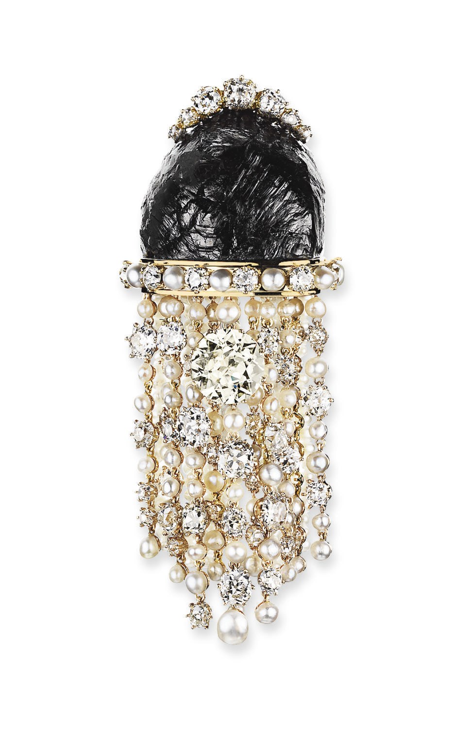 A COLOURED DIAMOND, DIAMOND AND PEARL BROOCH, BY LOMBARD