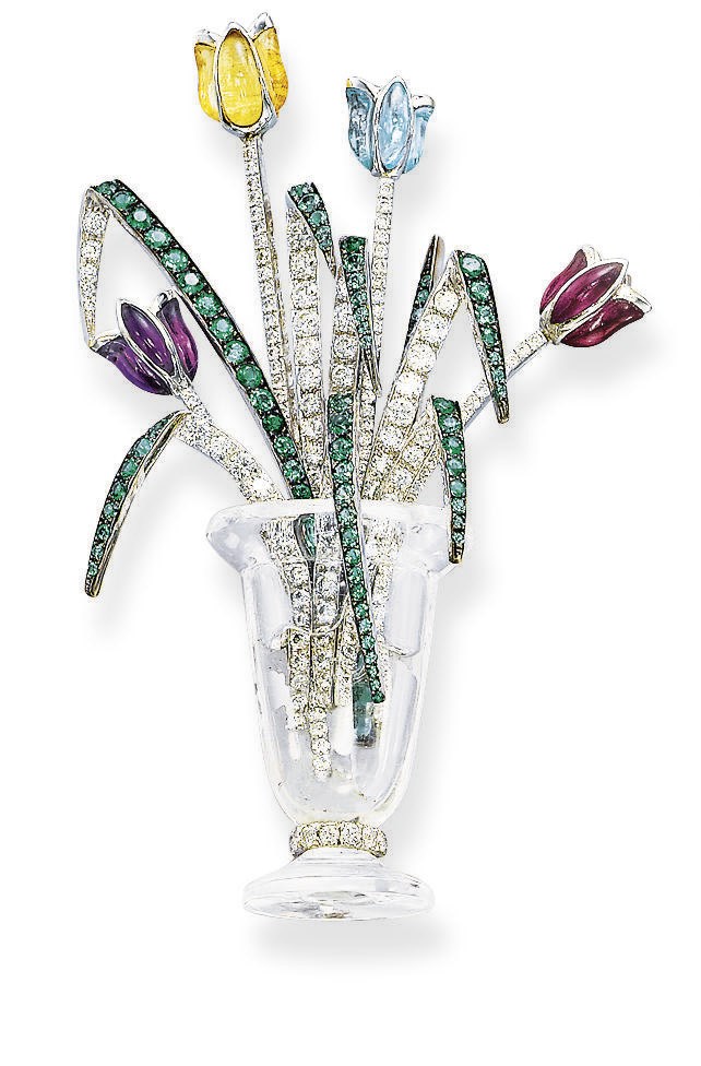 A ROCK CRYSTAL, MULTI-GEM AND DIAMOND BROOCH, BY MICHELE DELLA VALLE