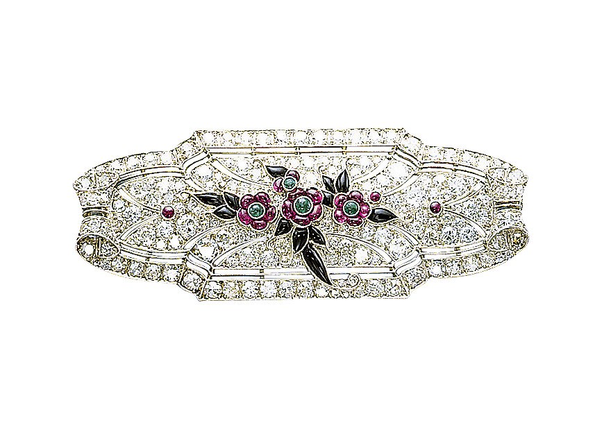 AN ART DECO RUBY, ONYX AND DIAMOND BROOCH