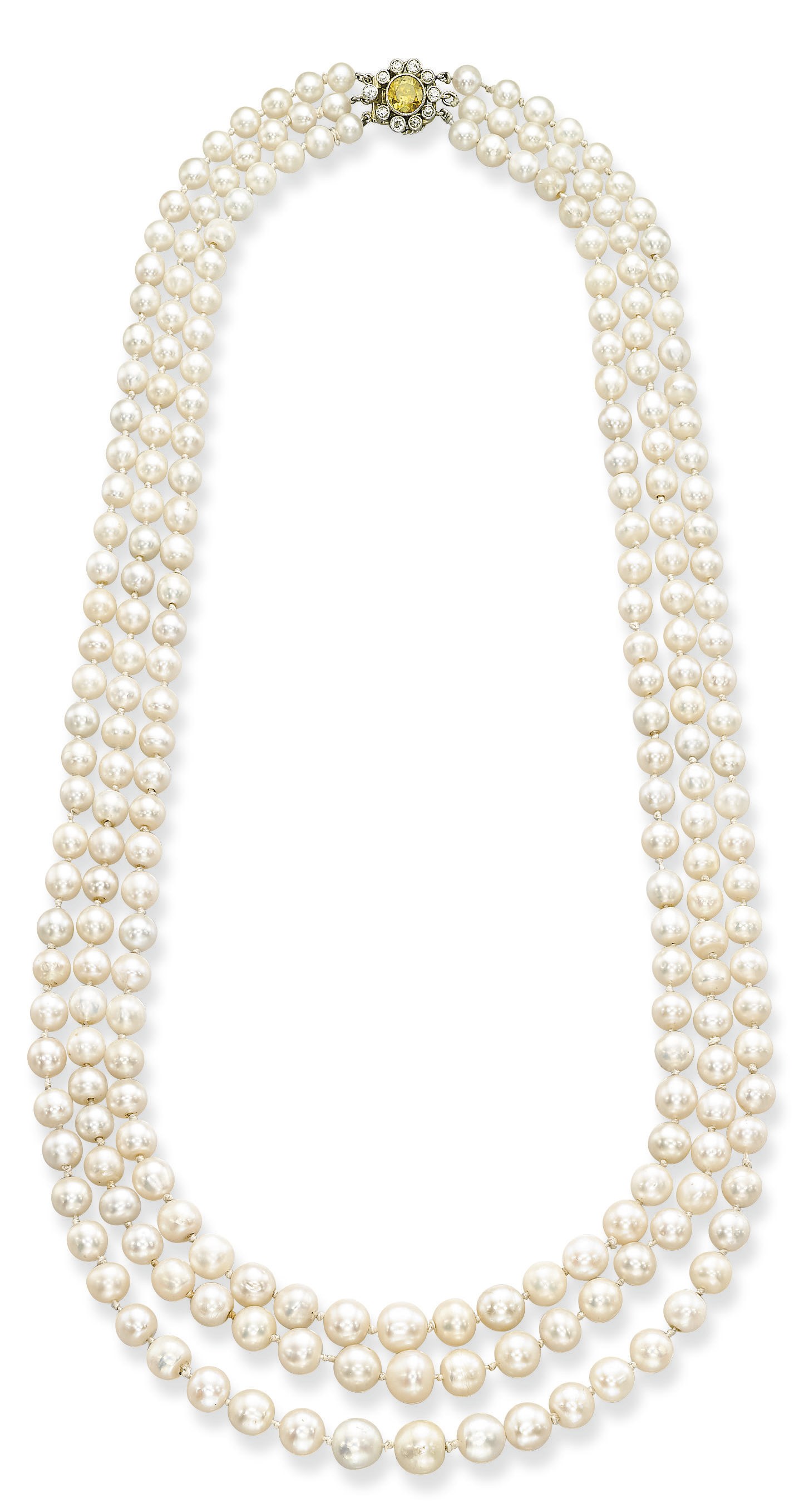 A NATURAL PEARL, COLOURED DIAMOND AND DIAMOND NECKLACE
