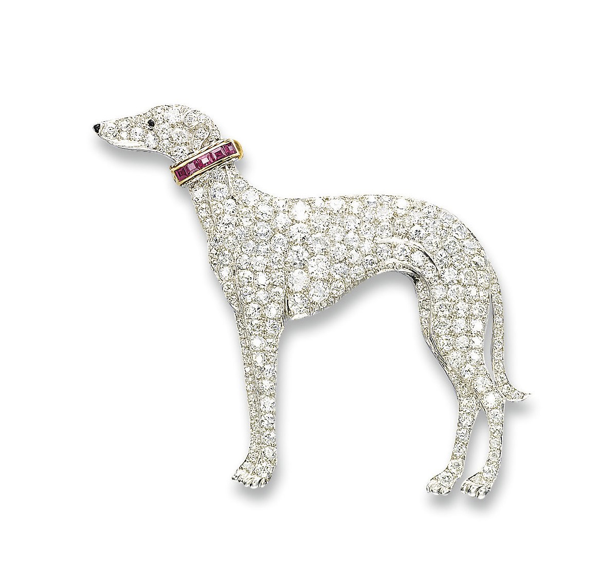 A STYLISH ART DECO DIAMOND, RUBY AND ONYX BROOCH