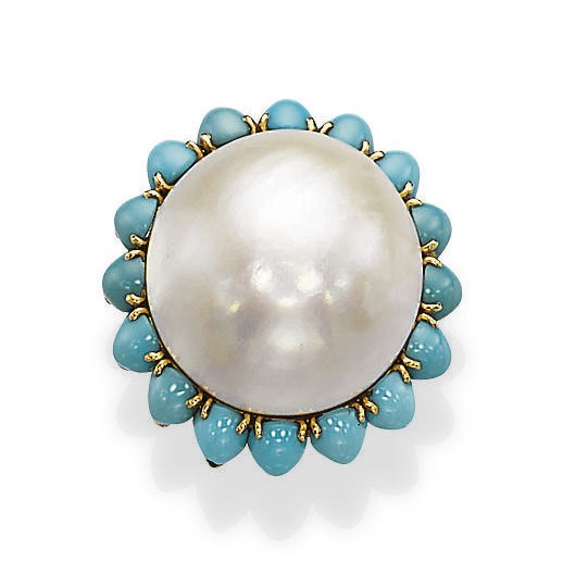 A MABÉ PEARL AND TURQUOISE RING, MOUNTED BY CARTIER