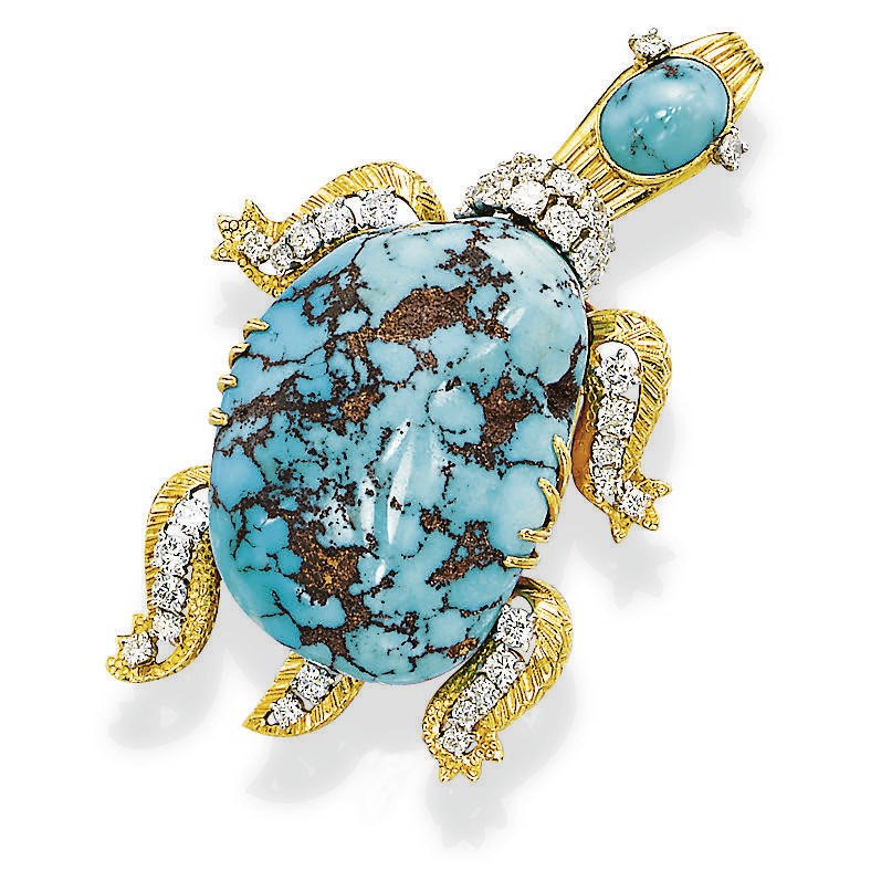 A TURQUOISE AND DIAMOND BROOCH, BY CARTIER