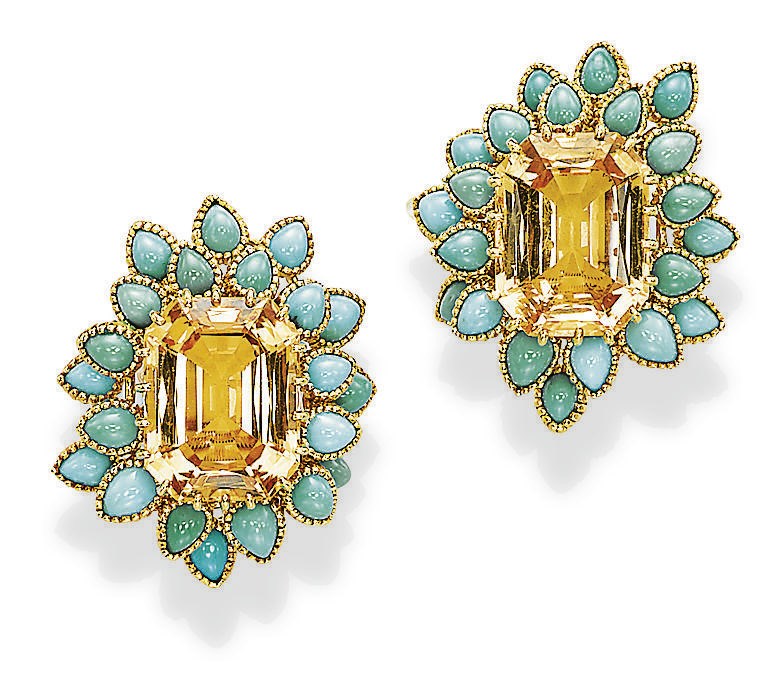 A PAIR OF CITRINE AND TURQUOISE EAR CLIPS, MOUNTED BY CARTIER