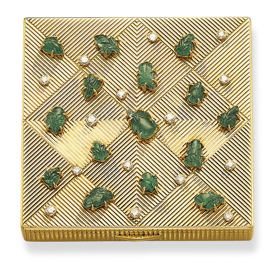 A RETRO EMERALD, GOLD AND DIAMOND POWDER COMPACT, BY CARTIER
