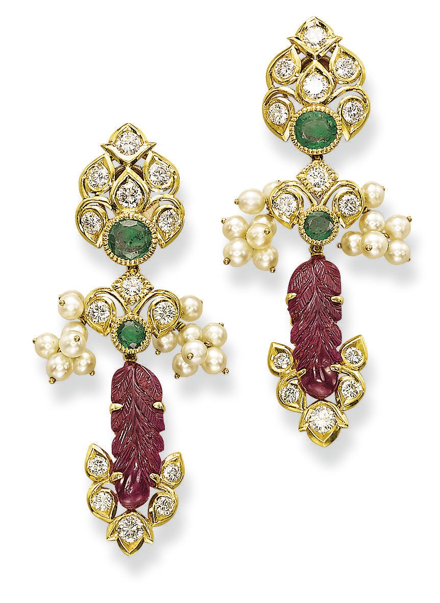 A PAIR OF RUBY, EMERALD AND DIAMOND EAR PENDANTS, BY CARTIER