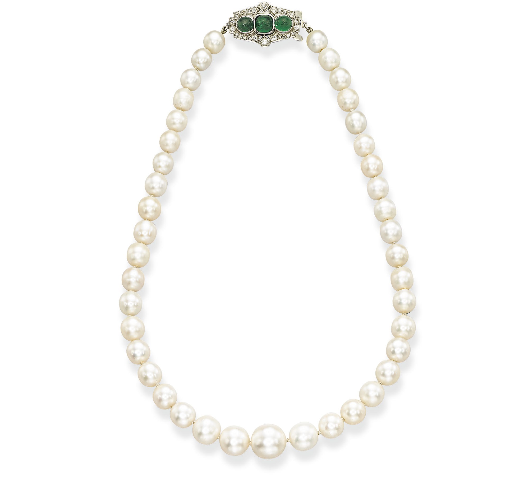A FINE NATURAL PEARL, EMERALD AND DIAMOND NECKLACE, BY CARTIER