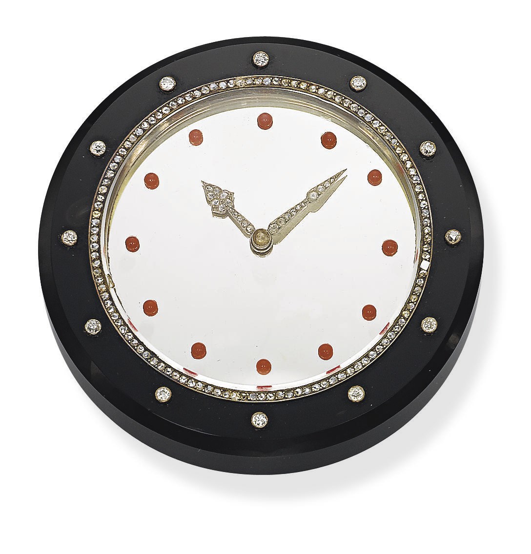 **AN ART DECO ONYX, CORAL AND DIAMOND TABLE CLOCK, BY CARTIER
