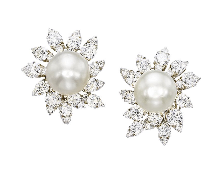 A PAIR OF NATURAL PEARL AND DIAMOND EAR CLIPS, BY VAN CLEEF & ARPELS