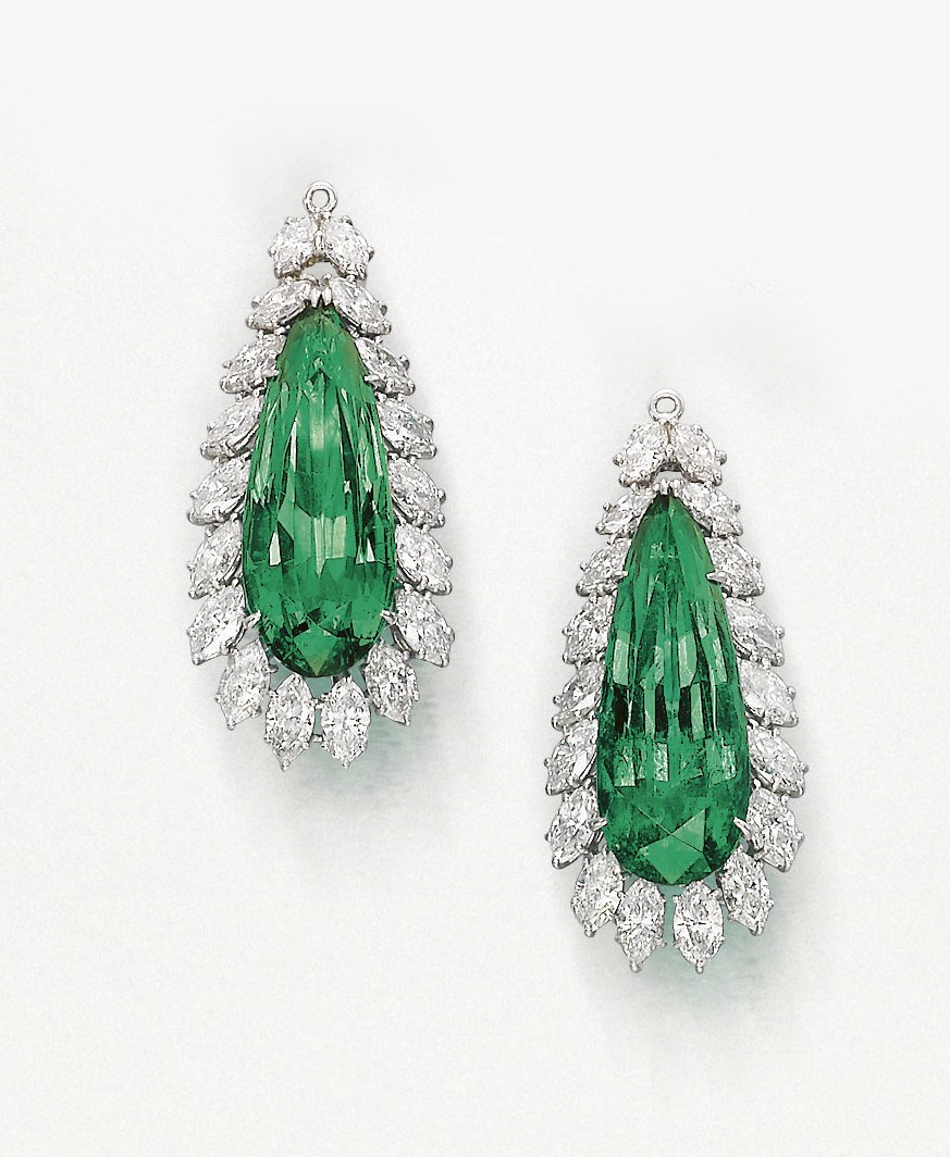 A PAIR OF SUPERB EMERALD AND DIAMOND PENDANTS, BY HARRY WINSTON