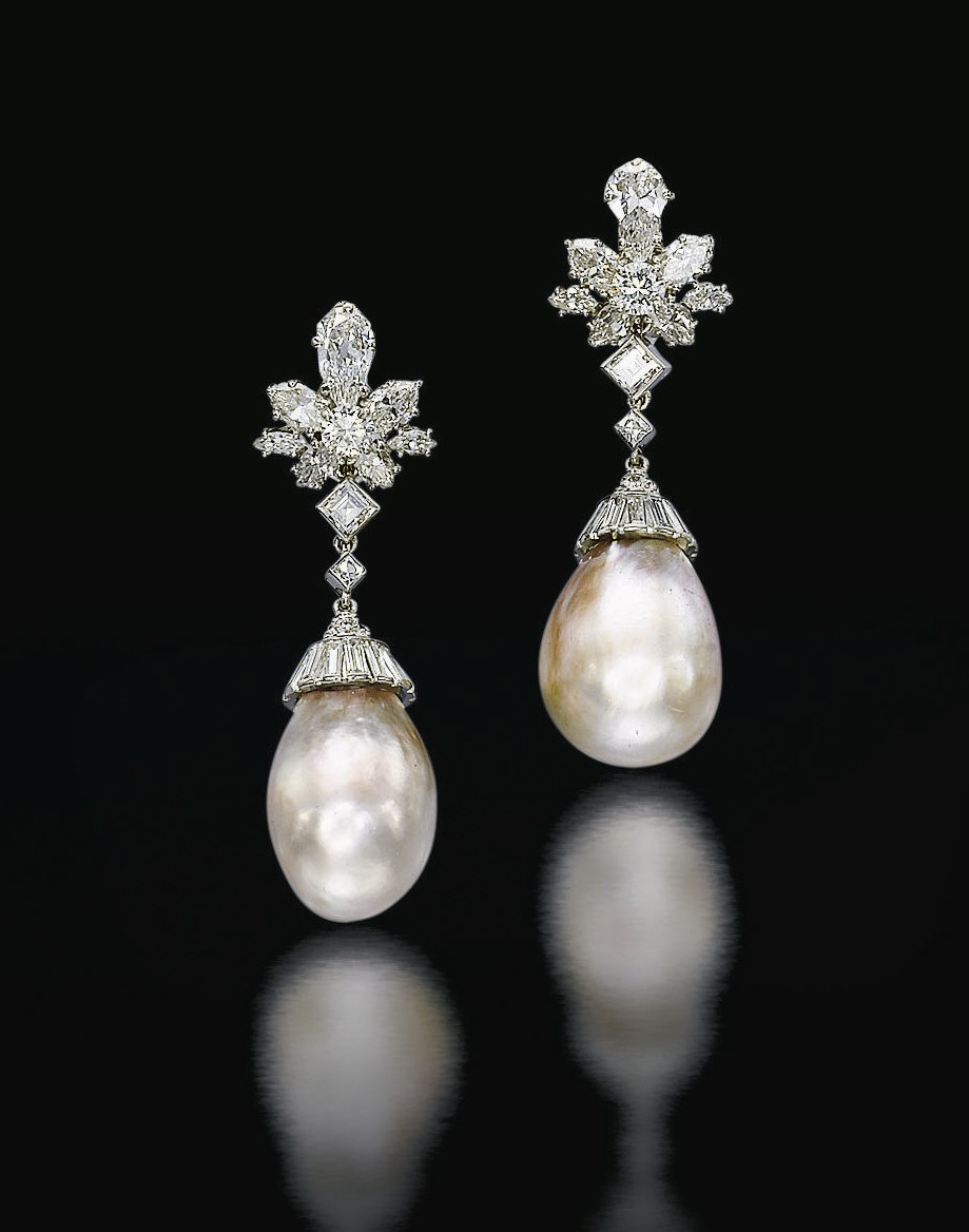 A PAIR OF NATURAL COLOURED PEARL AND DIAMOND EAR PENDANTS