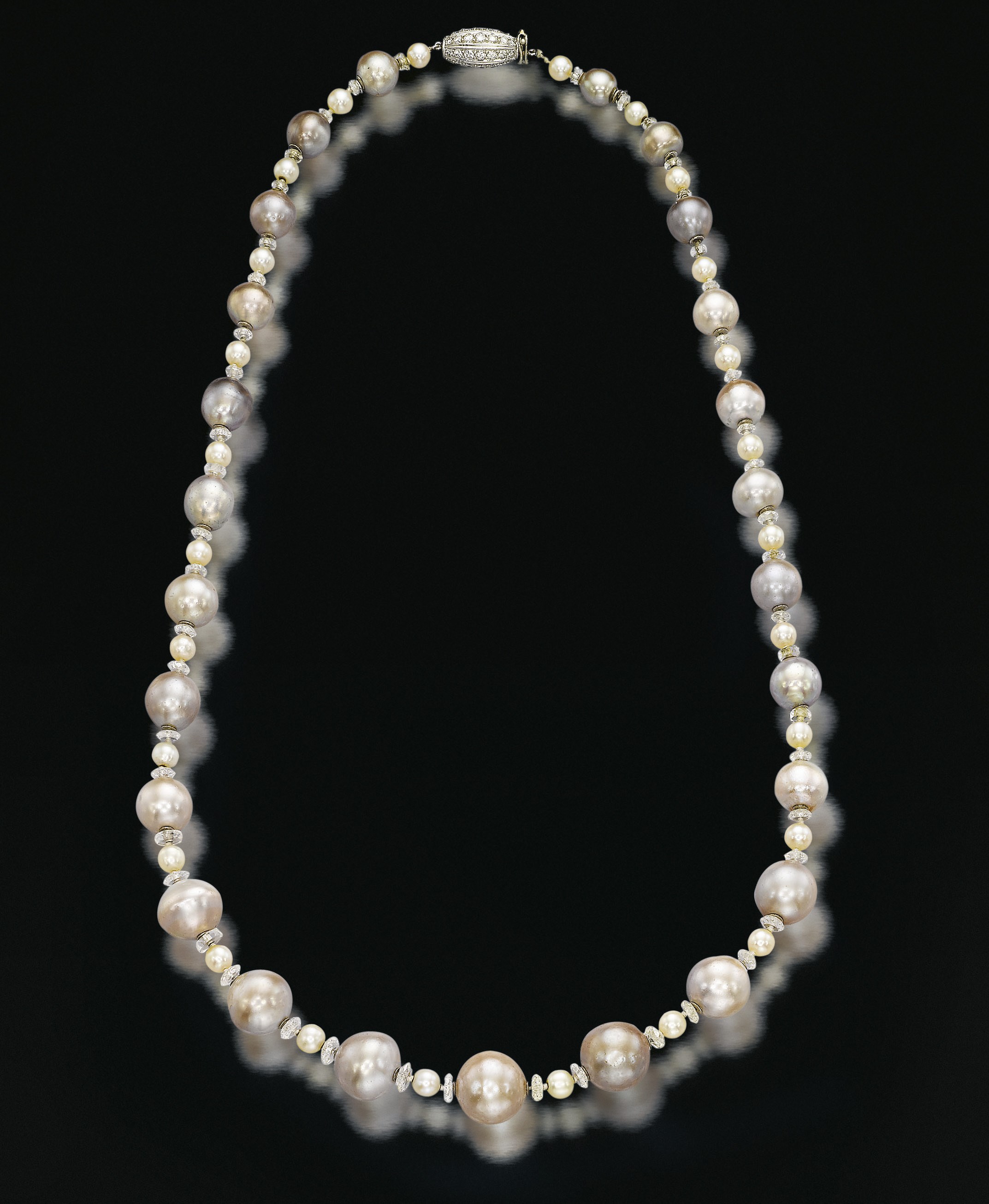 AN IMPORTANT NATURAL COLOURED PEARL, PEARL AND DIAMOND NECKLACE, BY VAN CLEEF & ARPELS