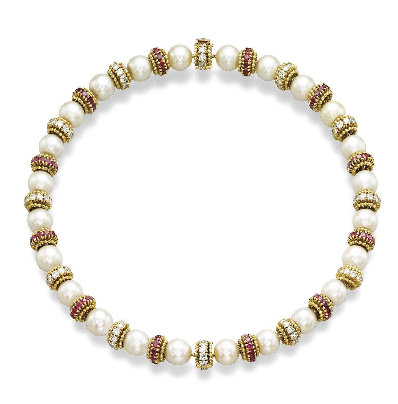 A CULTURED PEARL, RUBY AND DIAMOND NECKLACE  PAIR OF BRACELETS, BY VAN CLEEF & ARPELS