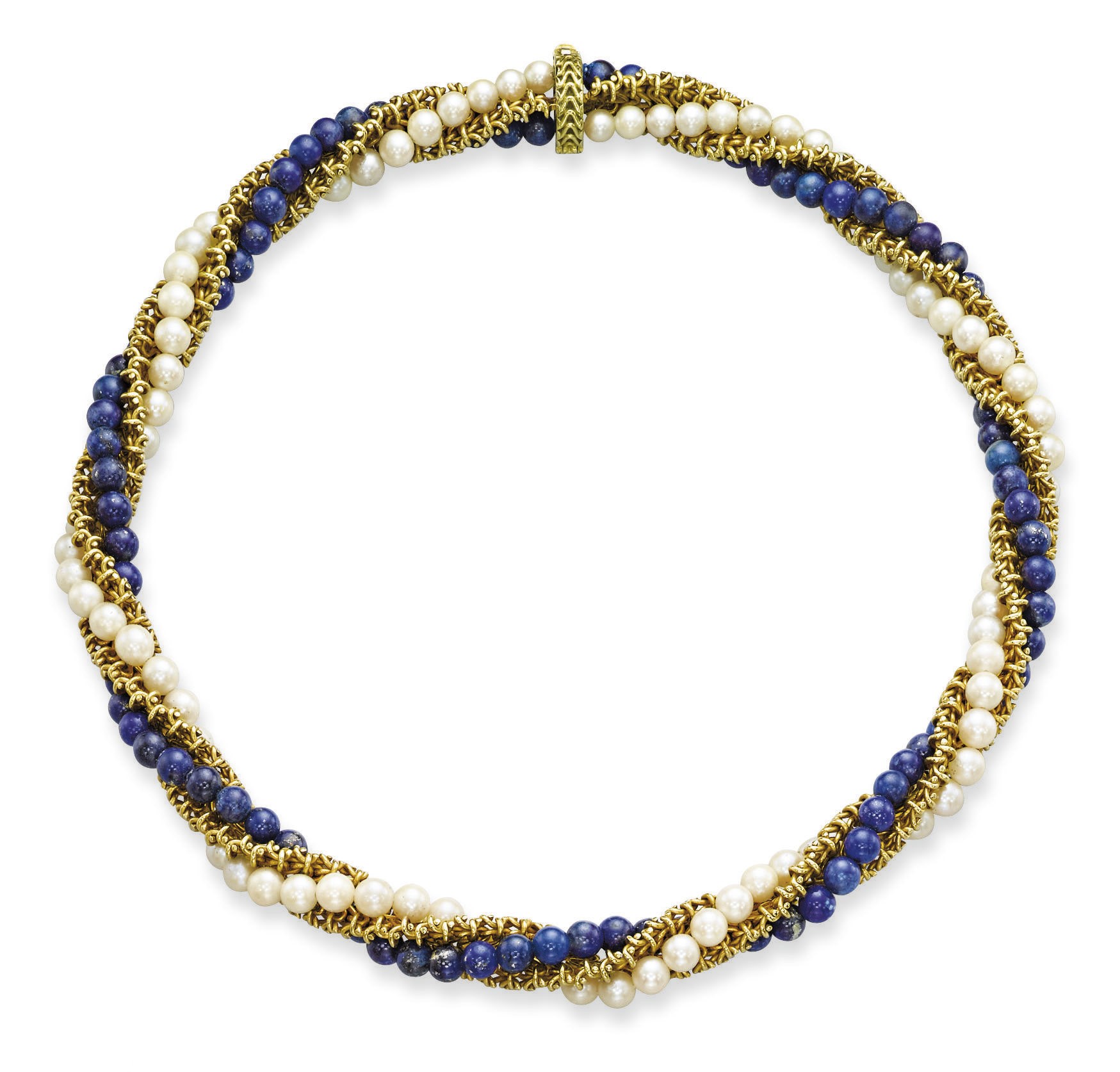 A LAPIS LAZULI, CULTURED PEARL AND GOLD NECKLACE