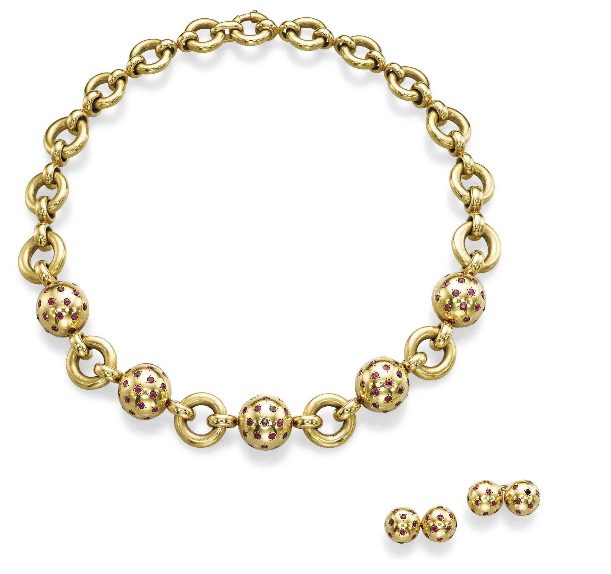 A RETRO GOLD AND RUBY NECKLACE AND A PAIR OF CUFFLINKS, BY VAN CLEEF & ARPELS