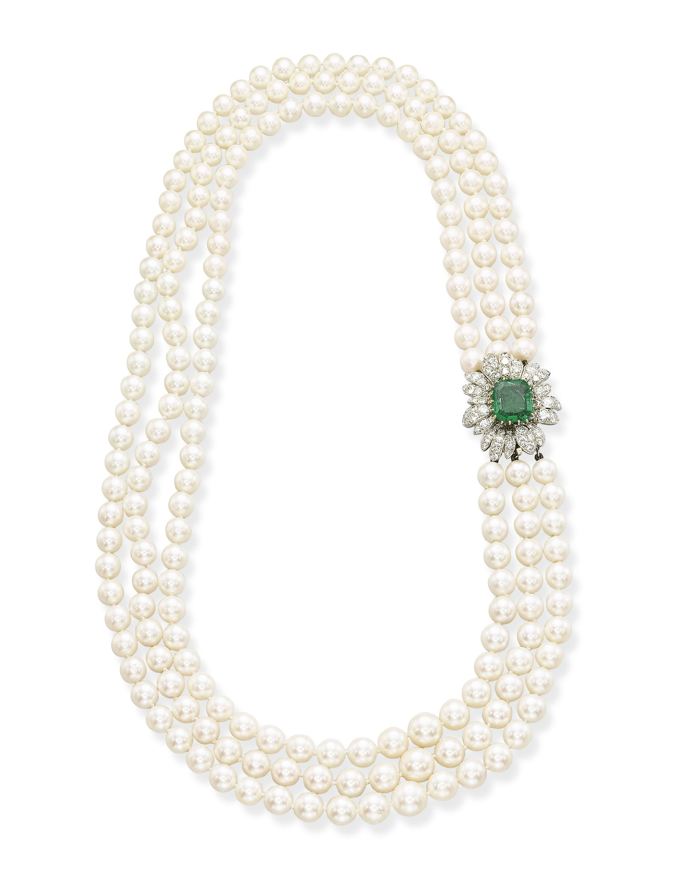 A CULTURED PEARL, EMERALD AND DIAMOND NECKLACE