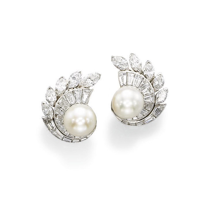 A PAIR OF CULTURED PEARL AND DIAMOND EAR CLIPS, BY VAN CLEEF & ARPELS
