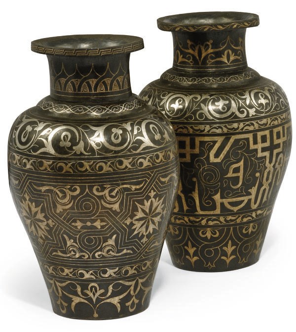 TWO SIMILAR EGYPTIAN OR SYRIAN SILVER INLAY METAL VASES
