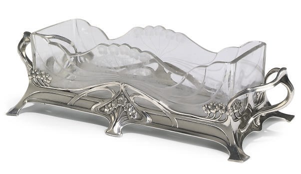 AN ART NOUVEAU SILVERED METAL GLASS MOUNTED JARDINIERE