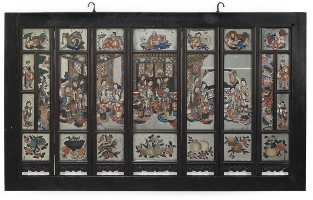 A CHINESE REVERSE PAINTED MIRROR TABLE SCREEN
