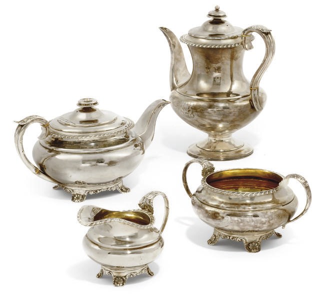 A MATCHED GEORGE III PROVINCIAL SILVER FOUR-PIECE TEA AND COFFEE SERVICE