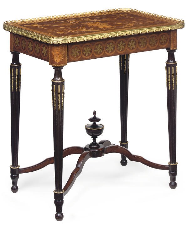 A NAPOLEAN III GILT METAL MOUNTED PALISANDER AND FRUITWOOD SIDE TABLE