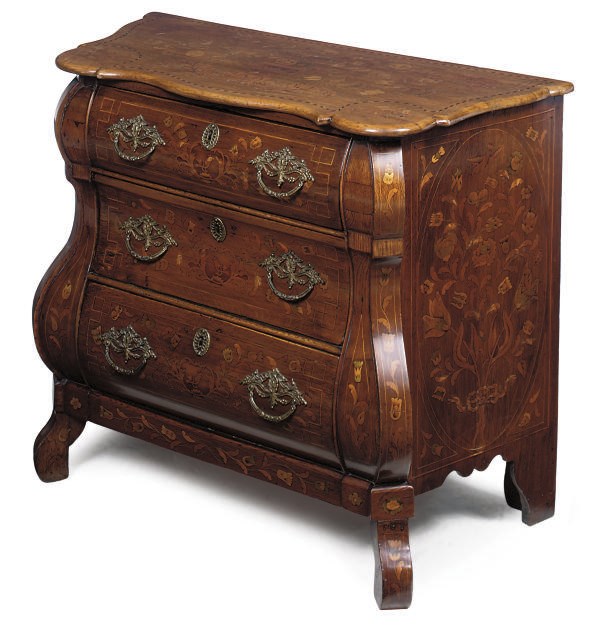 A DUTCH OAK AND MARQUETRY COMMODE