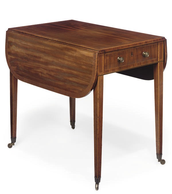 A GEORGE III MAHOGANY BOXWOOD STRUNG AND CROSSBANDED PEMBROKE TABLE