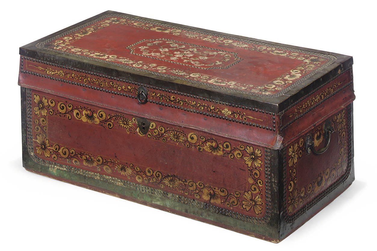 A CHINESE-EXPORT RED LEATHER TRUNK