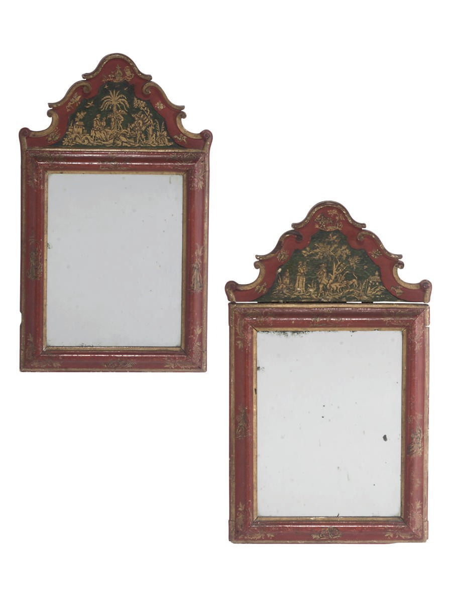 A PAIR OF FRENCH GILT-HEIGHTENED RED JAPANNED MIRRORS