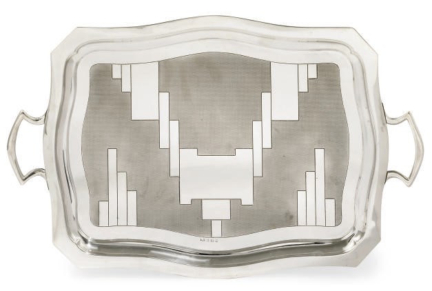 AN ART DECO SILVER TWO-HANDLED TRAY