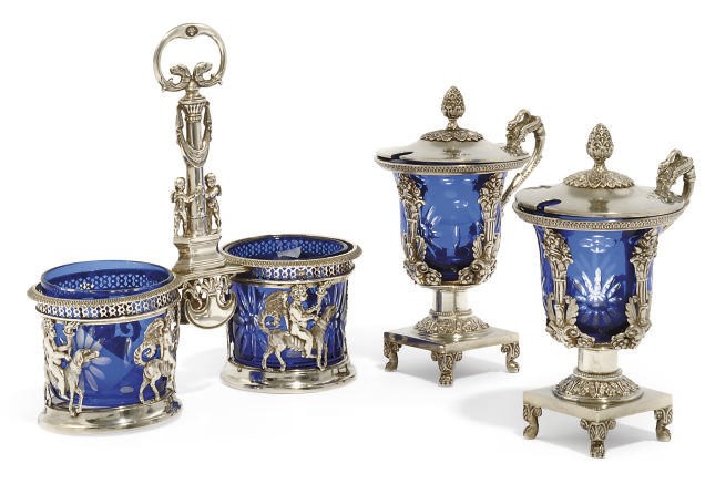 A FRENCH SILVER DOUBLE SALT OF EMPIRE STYLE
