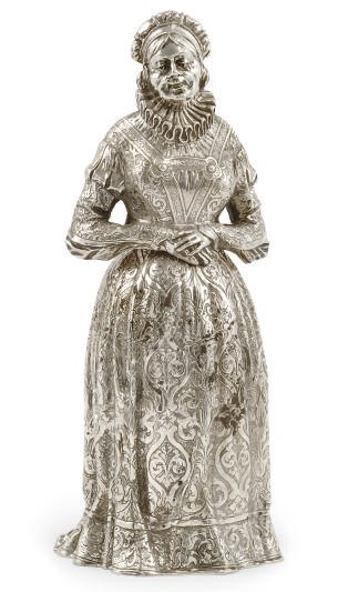 A GERMAN SILVER NOVELTY DECANTER IN THE FORM OF A 17TH CENTURY LADY