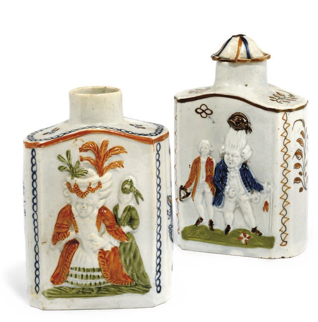 TWO ENGLISH PRATT WARE TEACADDIES AND ONE COVER