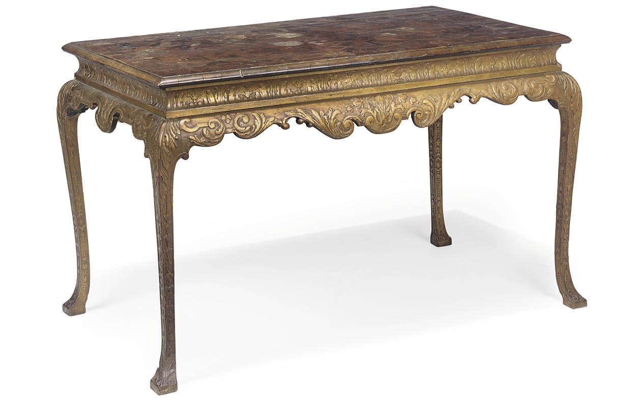 A GILTWOOD AND PARQUETRY CENTRE TABLE