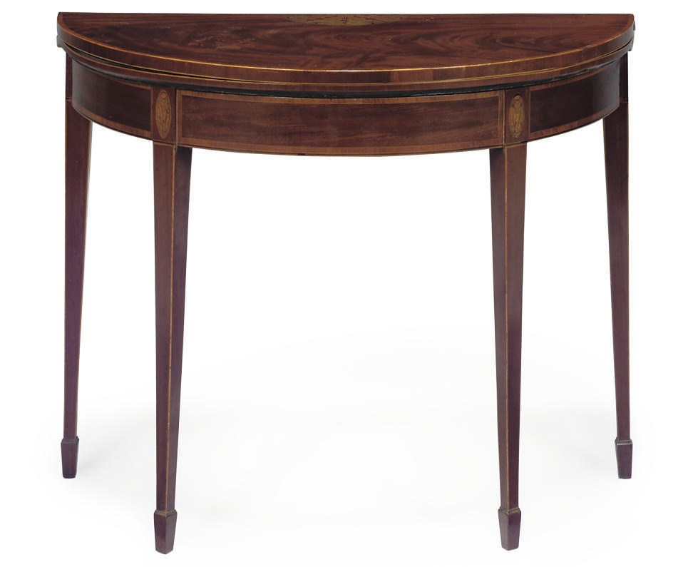 A GEORGE III MAHOGANY INLAID DEMI-LUNE CARD TABLE
