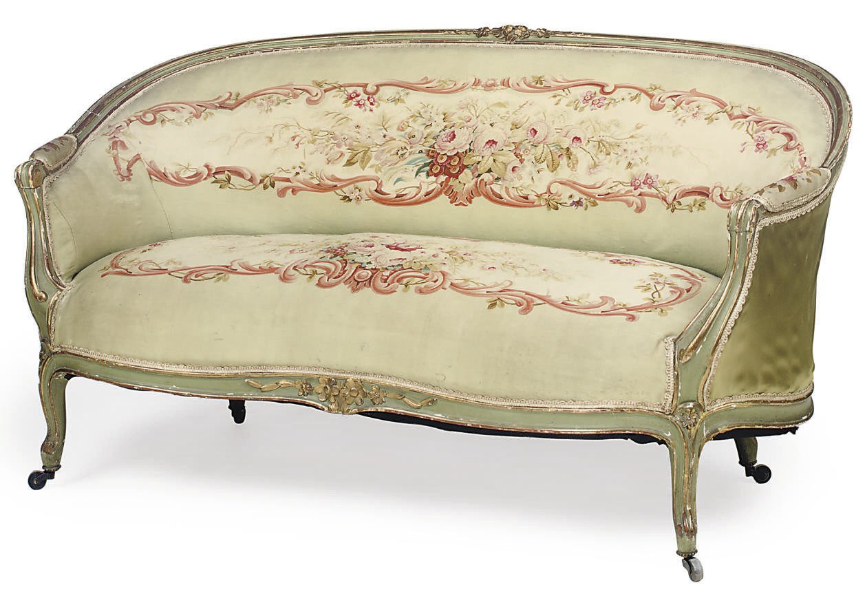 A FRENCH PAINTED AND PARCEL GILT CANAPE