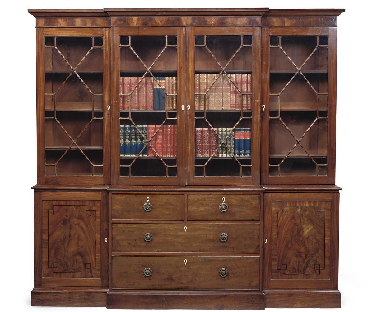 A MAHOGANY AND LINE-INLAID BREAKFRONT BOOKCASE
