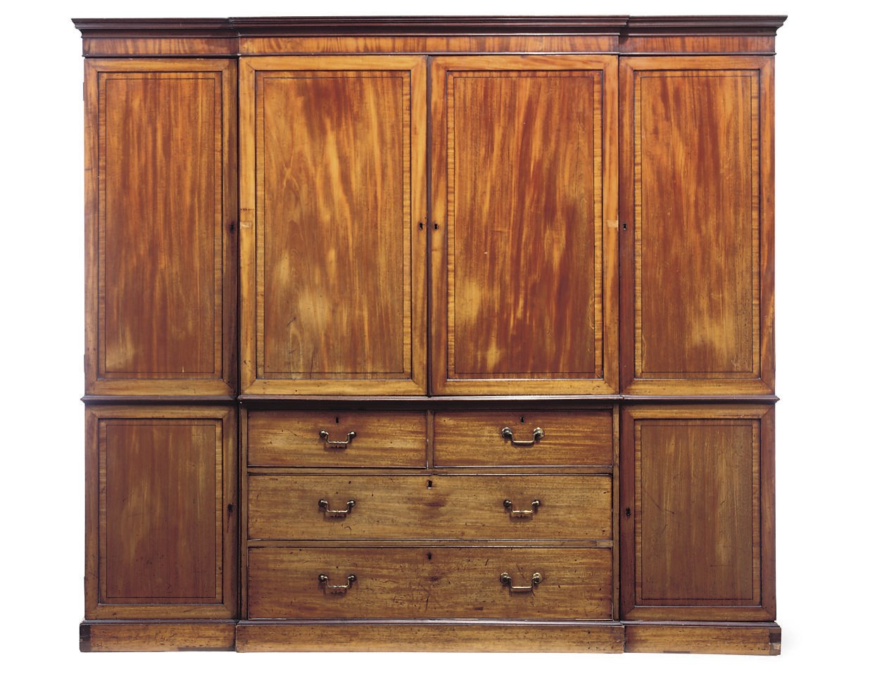 A REGENCY MAHOGANY AND CROSSBANDED BREAKFRONT WARDROBE