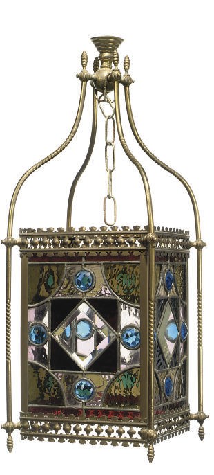 A VICTORIAN BRASS AND STAINED AND LEADED GLASS HALL LANTERN